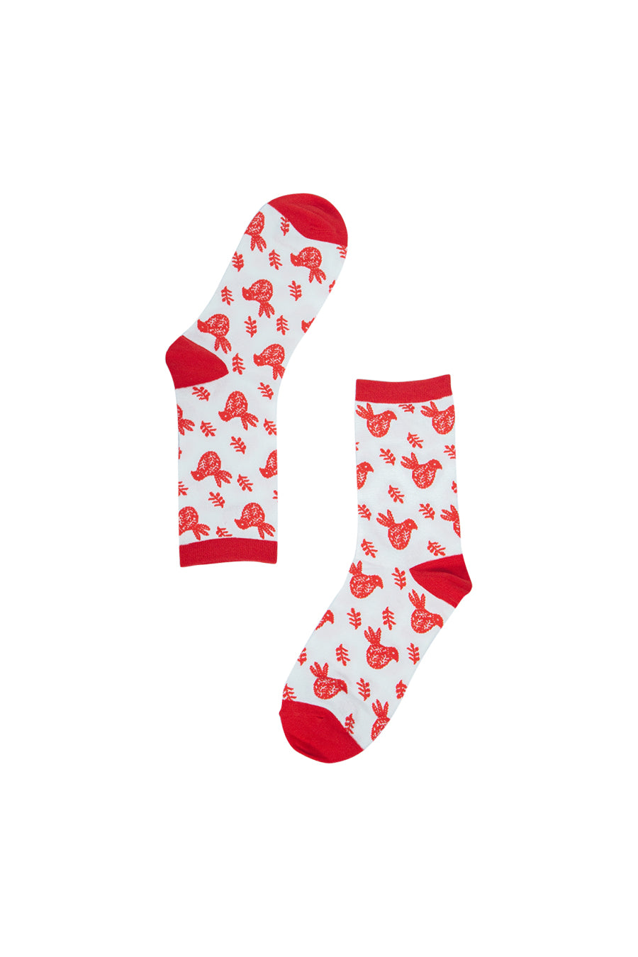 white bamboo socks with red scandi birds all over them