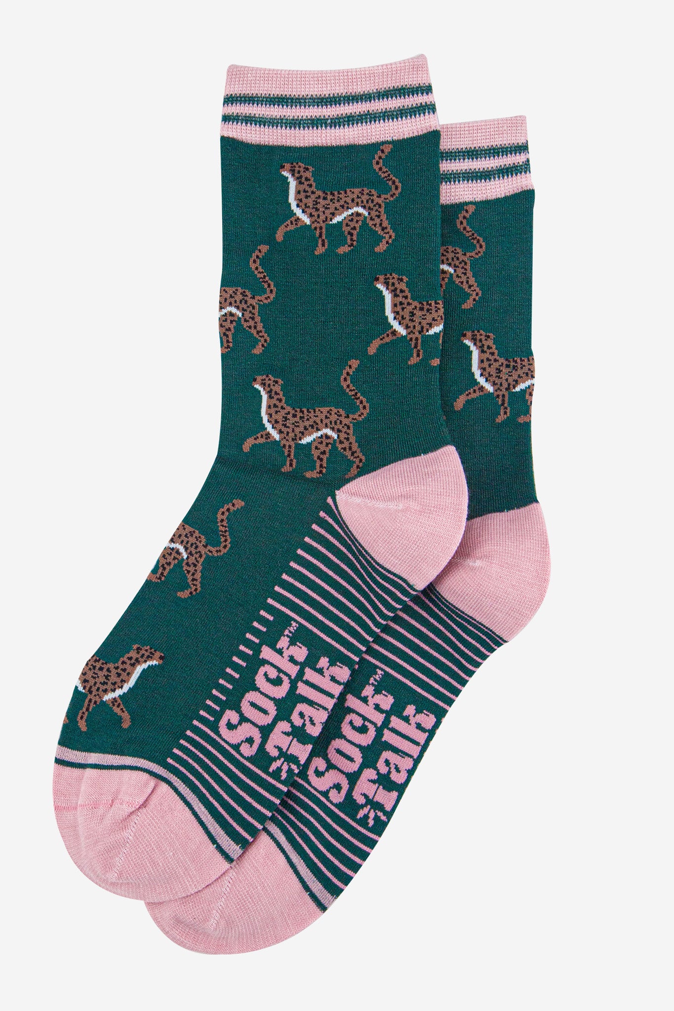 womens-bamboo-socks-forest-green-light-pink-winter-cheetah-laying-flat
