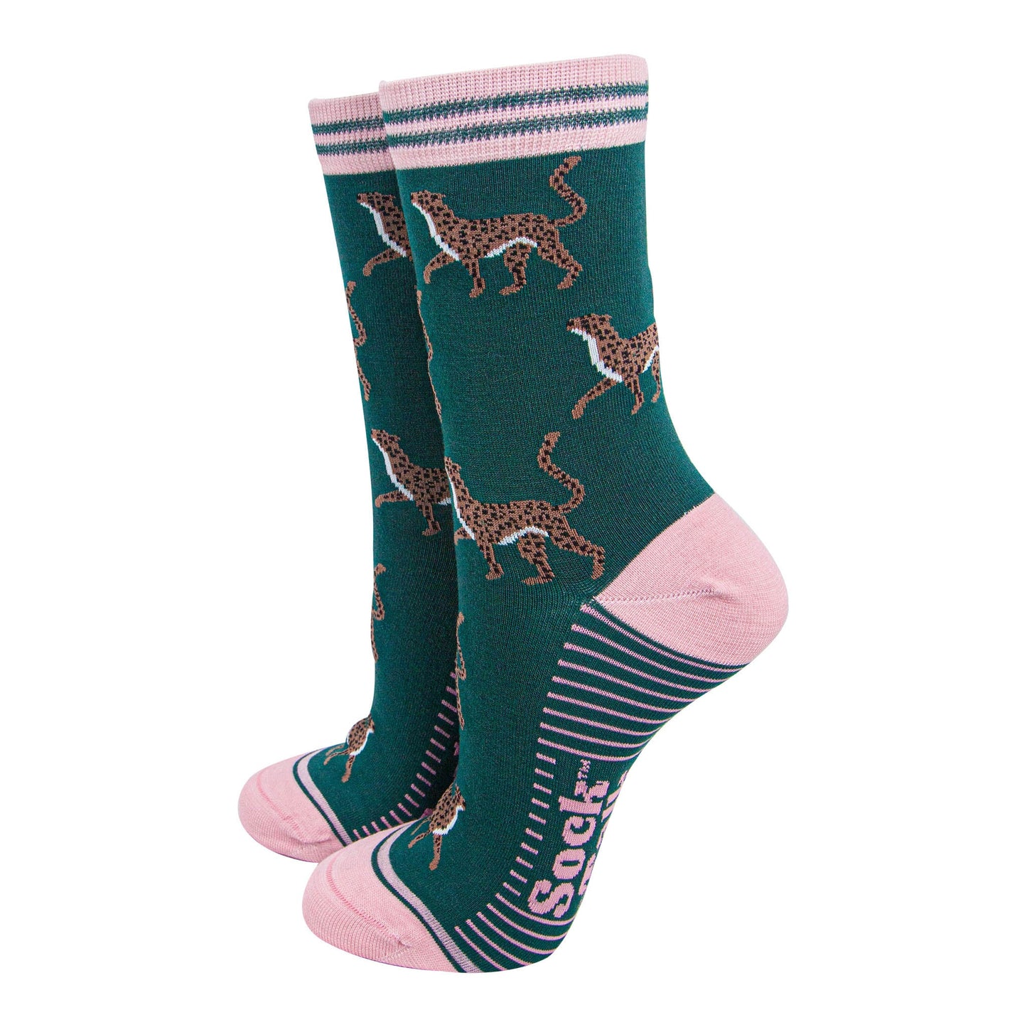 womens-bamboo-socks-forest-green-light-pink-winter-cheetah-big-cats