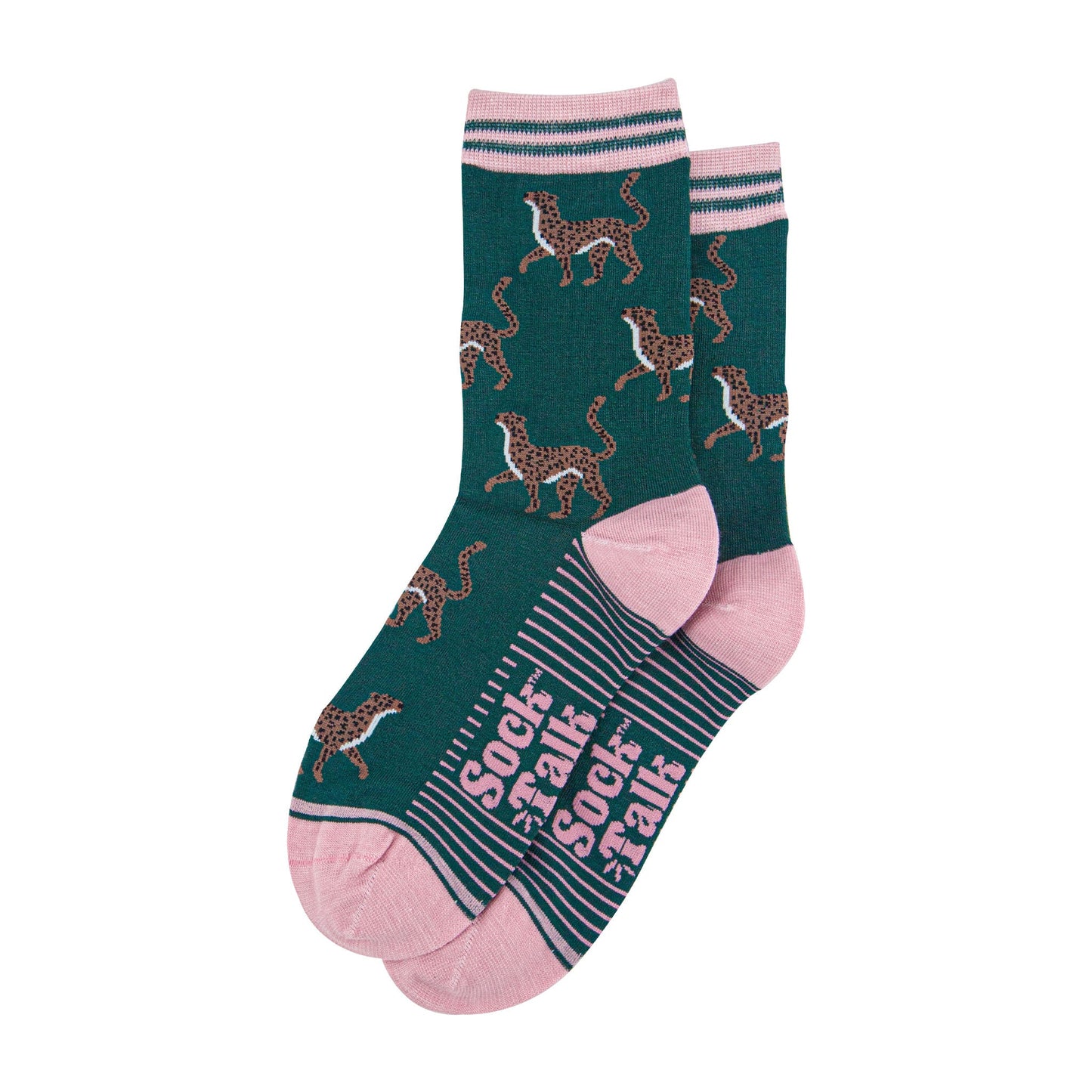 womens-bamboo-socks-forest-green-light-pink-winter-cheetah-laying-flat