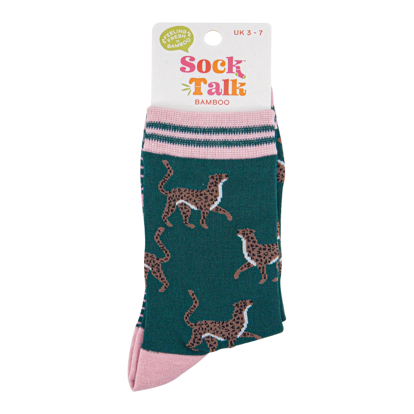 womens-bamboo-socks-forest-green-light-pink-winter-cheetah-in-sock-talk-packaging