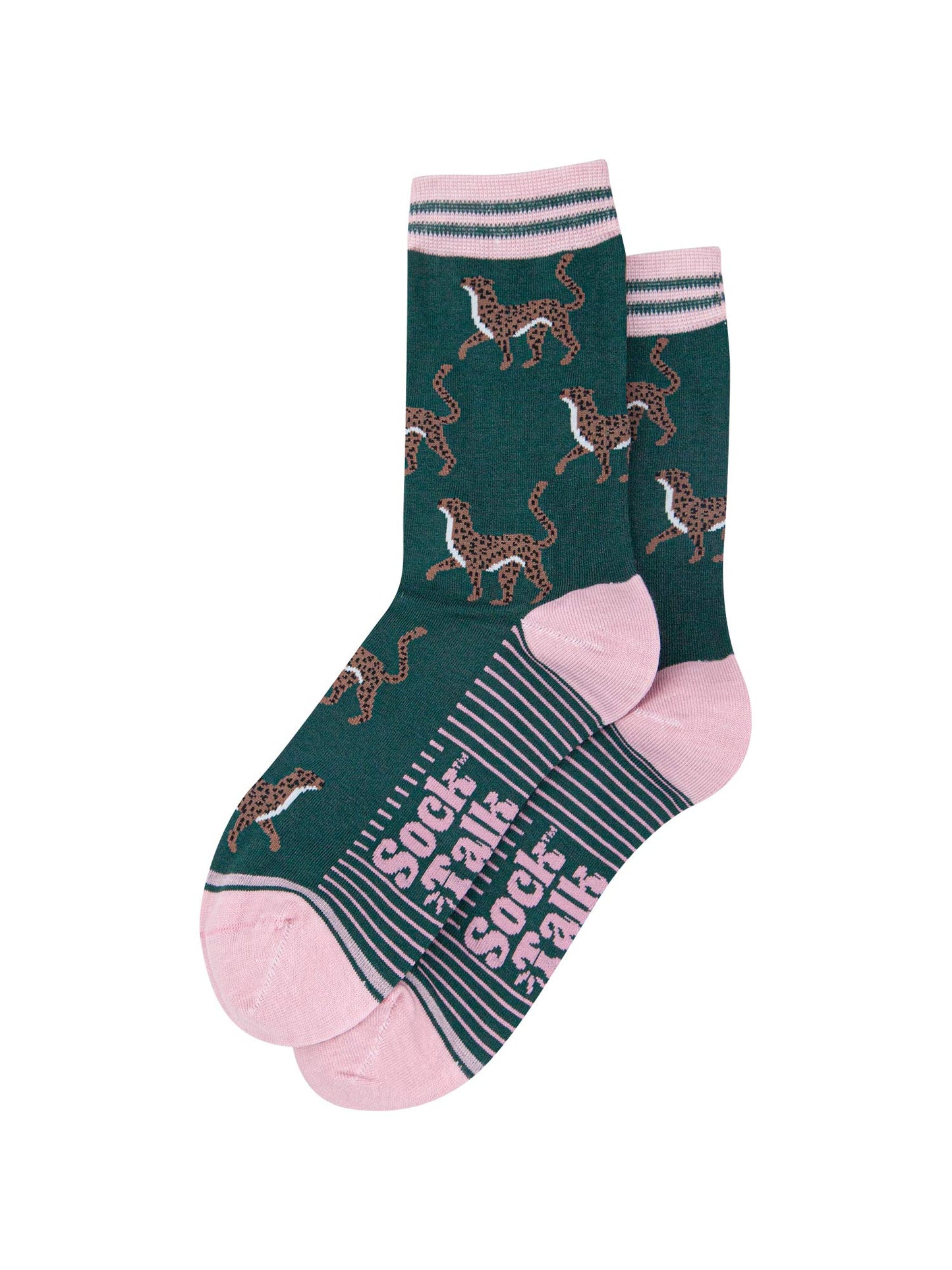 womens-bamboo-socks-forest-green-light-pink-winter-cheetah-laying-flat