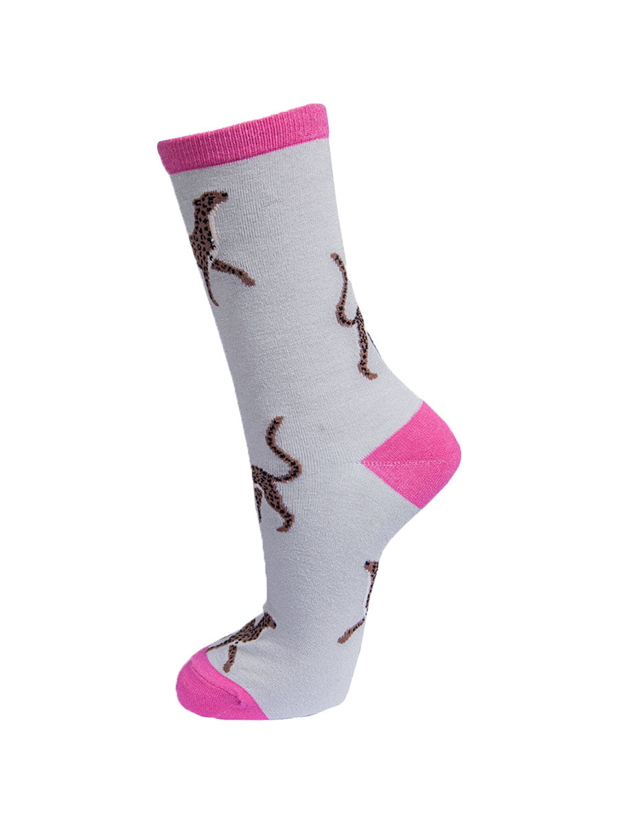 grey, pink bamboo socks with cheetahs 