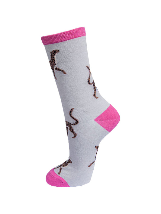 grey, pink bamboo socks with cheetahs 