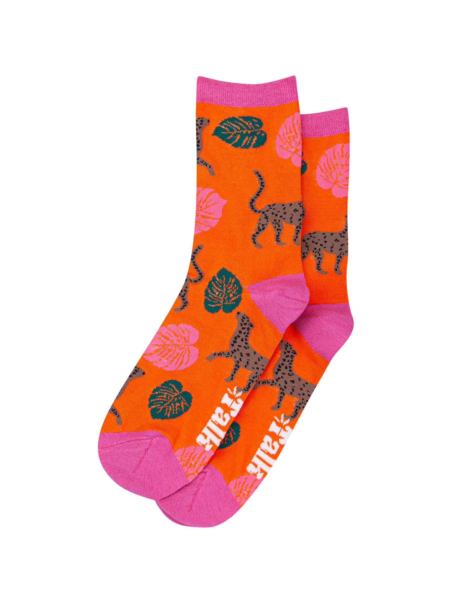 orange bamboo socks with cheetah cats and leaves