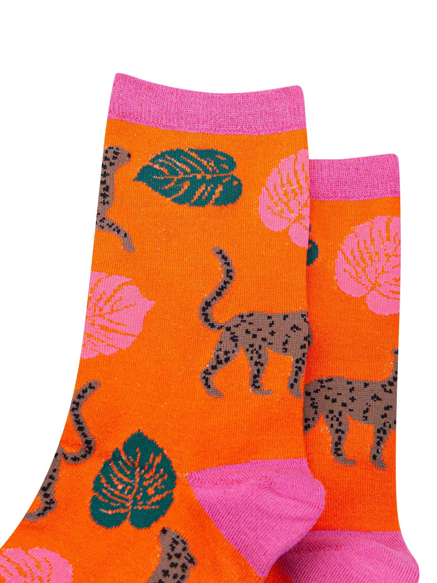 orange bamboo socks with cheetah cats and leaves