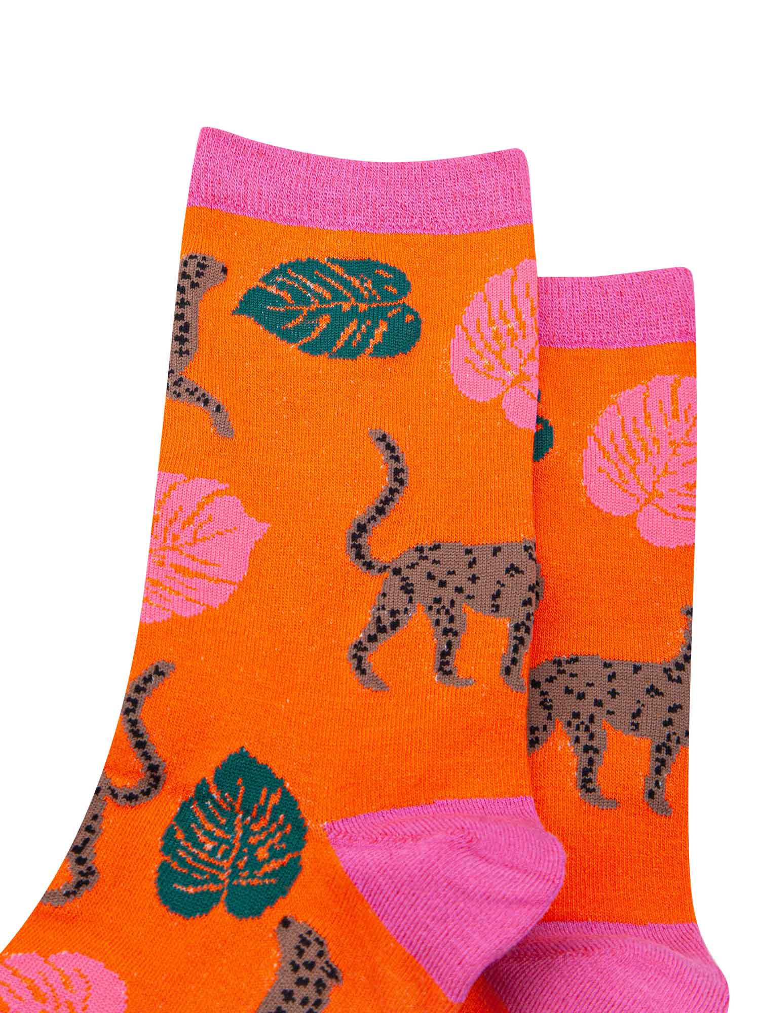 orange bamboo socks with cheetah cats and leaves