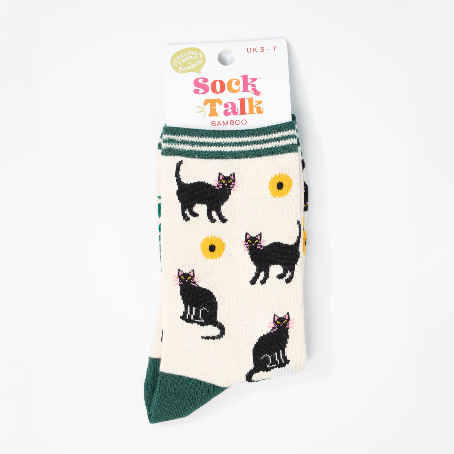 black cat and sunflower bamboo socks in their sock talk packaging, these socks are a uk size 3-7