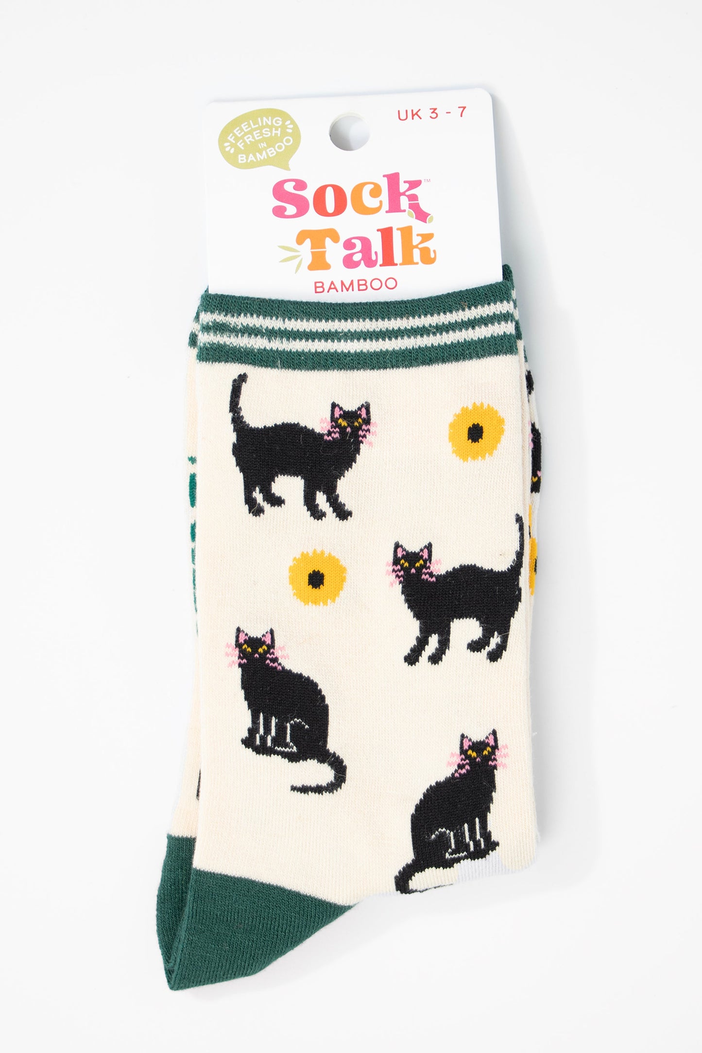 black cat and sunflower bamboo socks in their sock talk packaging, these socks are a uk size 3-7