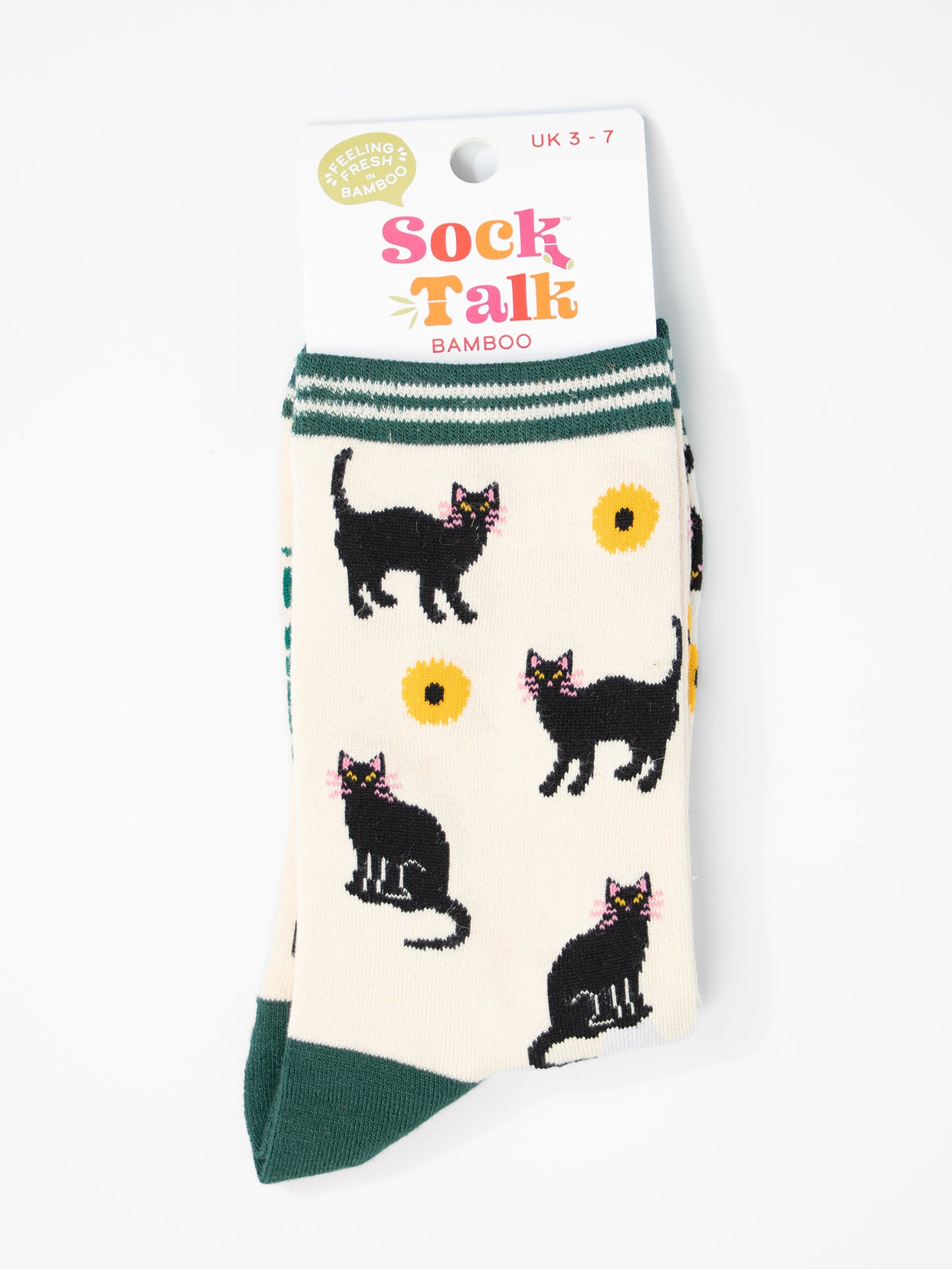 black cat and sunflower bamboo socks in their sock talk packaging, these socks are a uk size 3-7