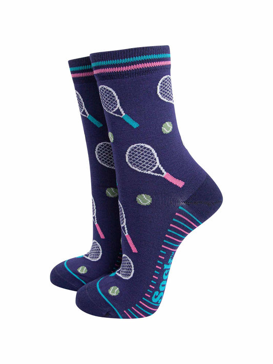 womens-bamboo-socks-navy-blue-tennis-raquets-sport