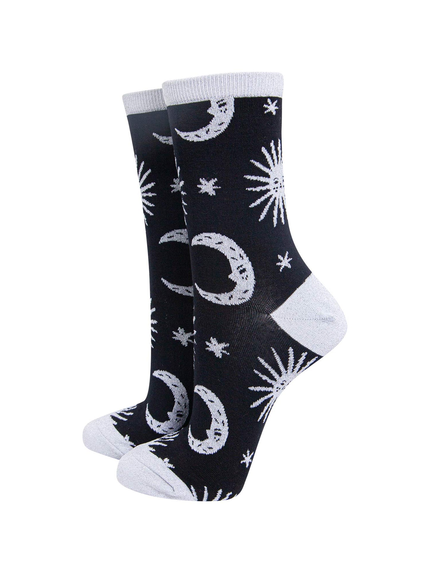 black socks with grey, stars, crescent moons and suns with silver sparkly glitter accents