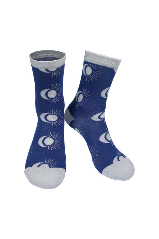 Navy Blue Outline Sun and Moon Patter Bamboo Mix Socks