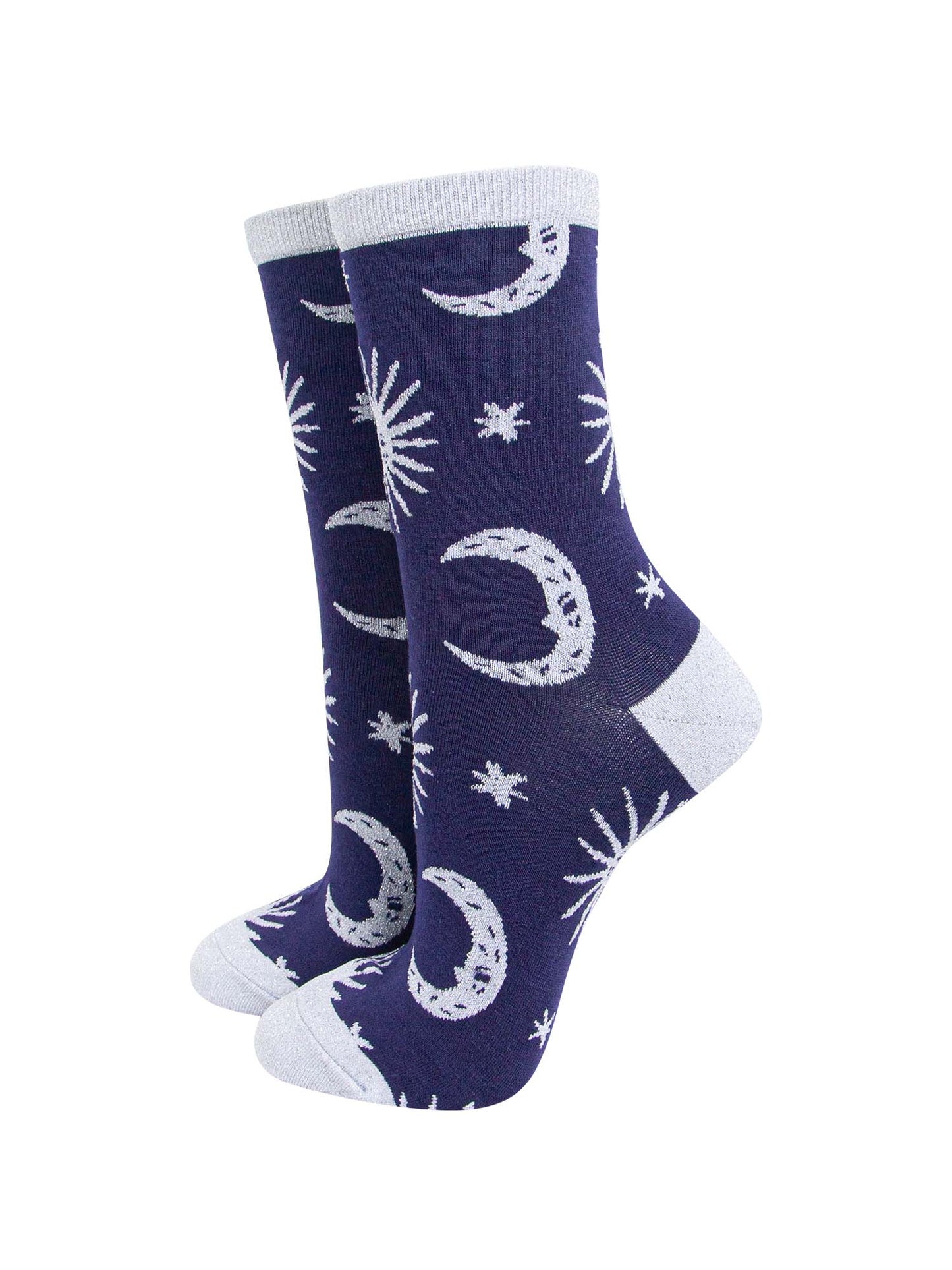 blue socks with grey, stars, crescent moons and suns with silver sparkly glitter accents