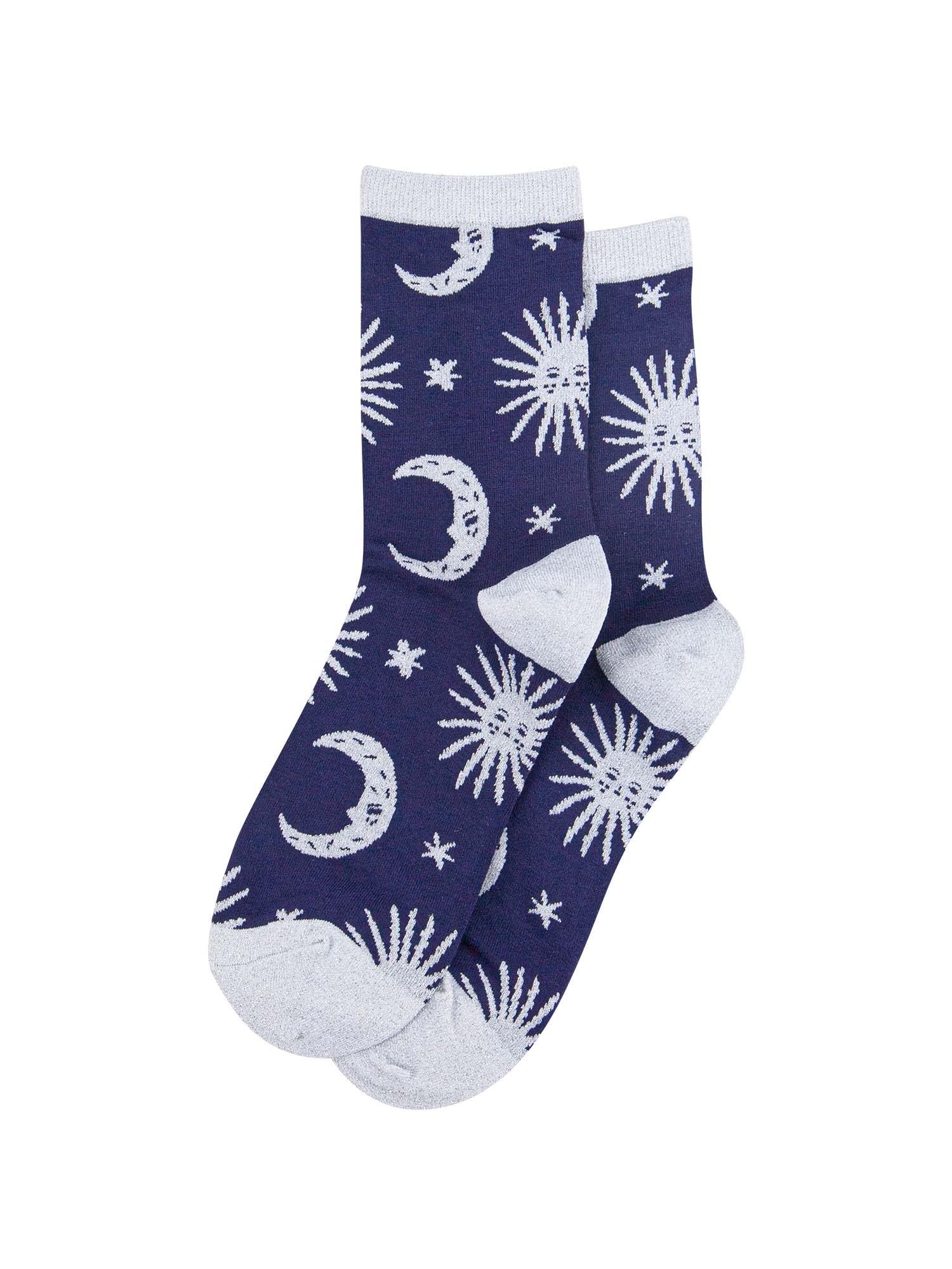 blue socks with grey, stars, crescent moons and suns with silver sparkly glitter accents