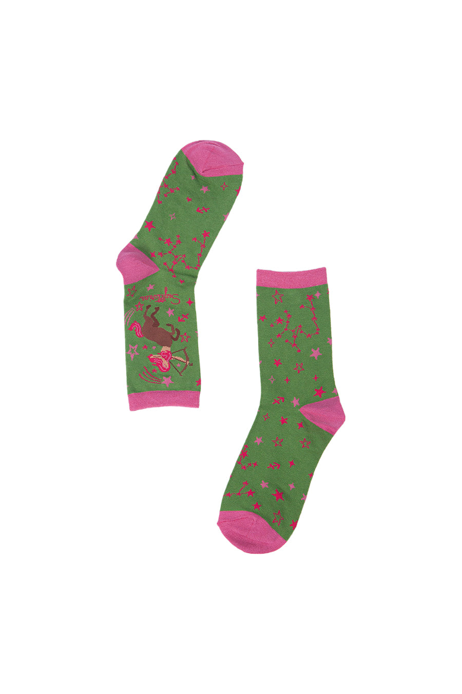 green, pink bamboo socks with zodiac sign sagittarius