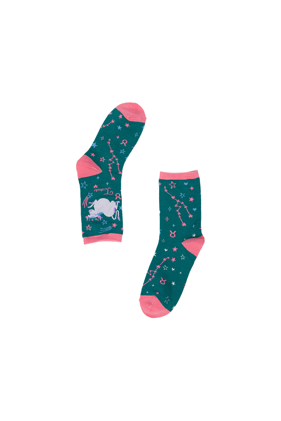 green, pink bamboo socks with the star sign taurus