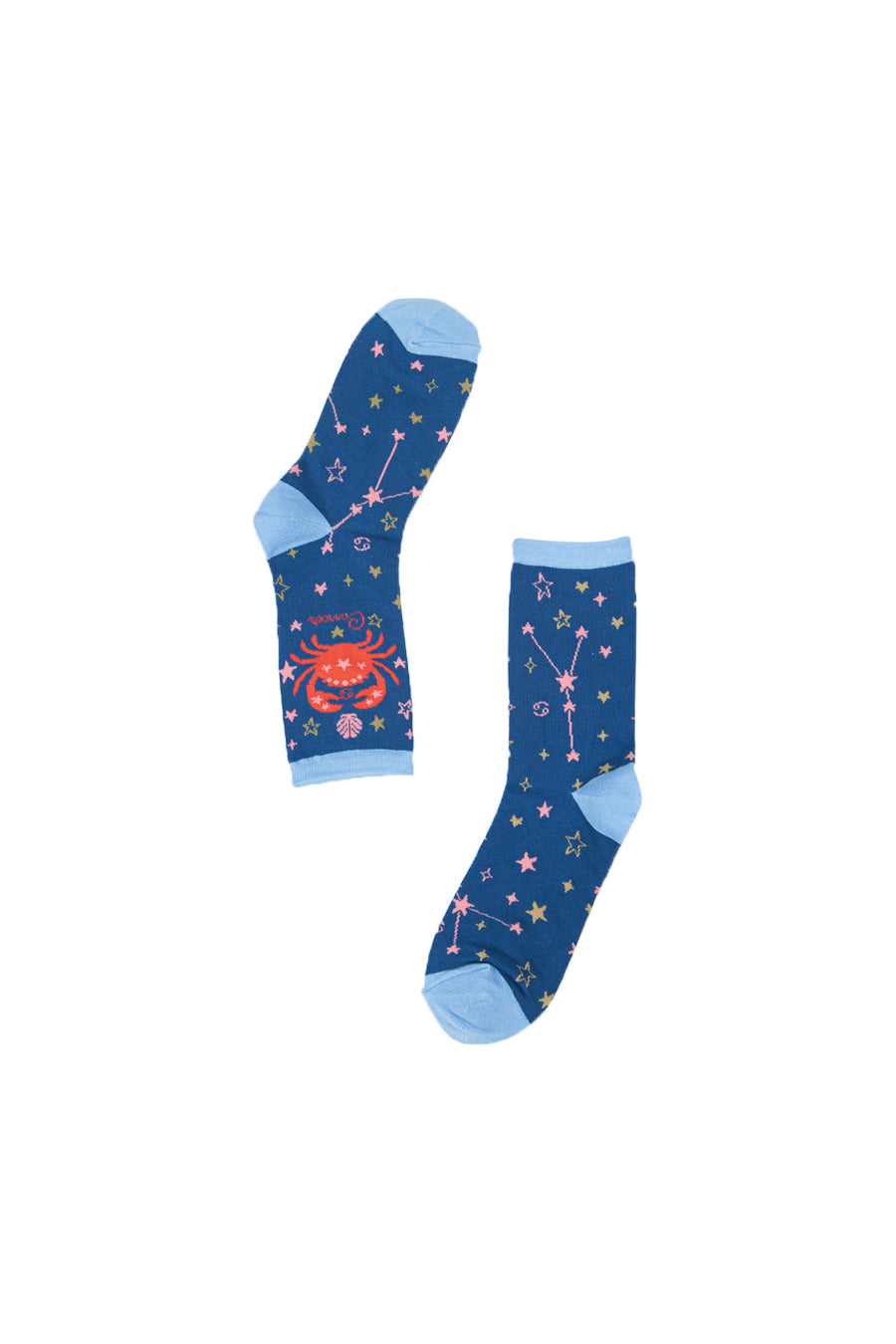 blue socks , cancer the crab is in red and the constellation is in in pink