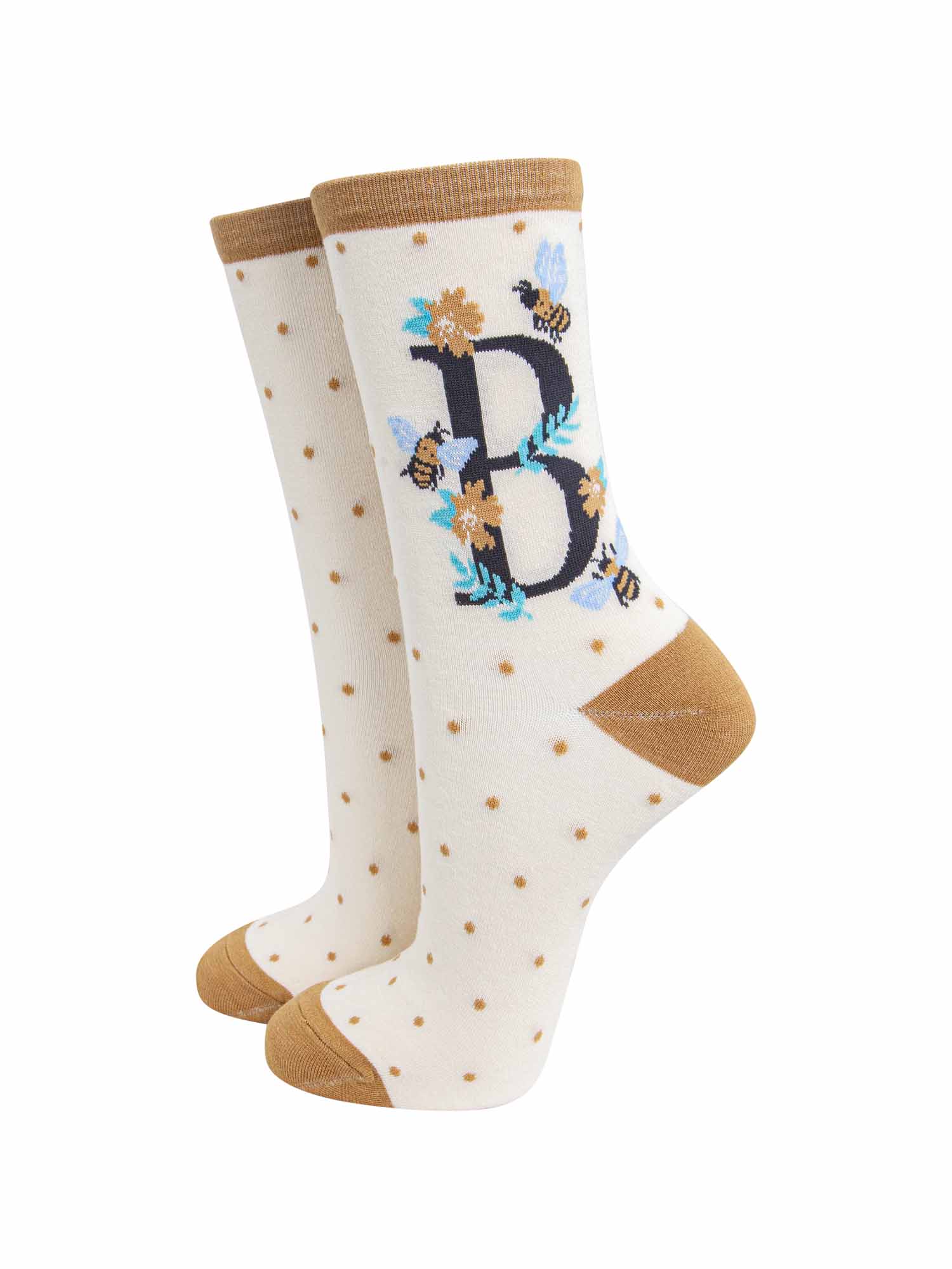 cream and gold ankle socks with a letter B and bumblebees