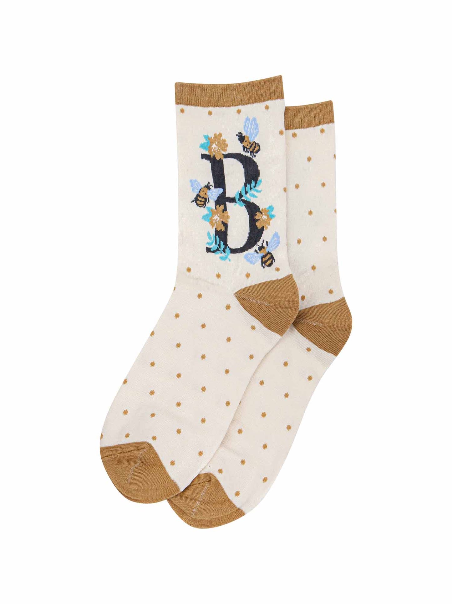 cream bamboo ankle socks with the initial B
