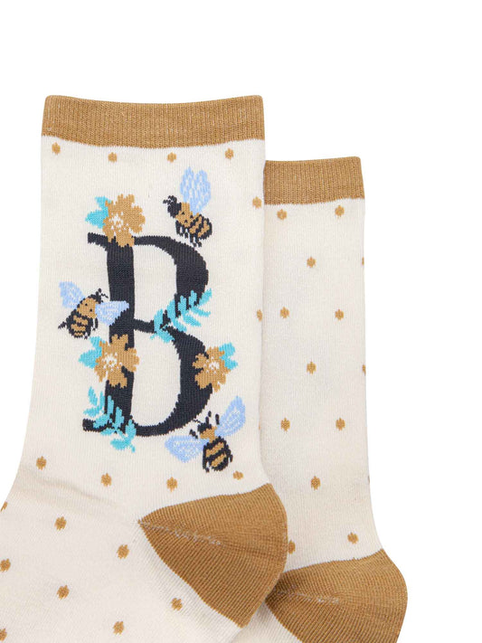 cream bamboo ankle socks with the initial B

