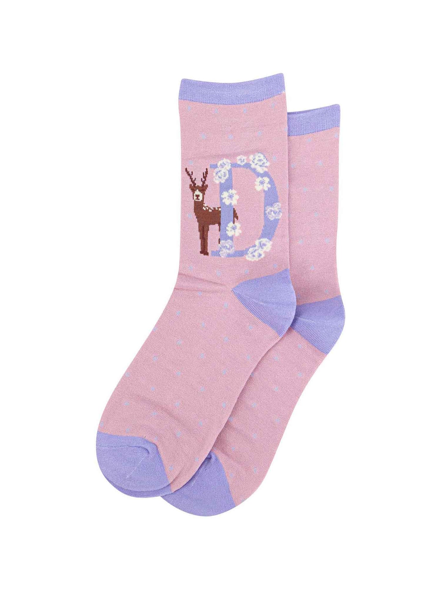 pink, lilac bamboo socks with the initial D
