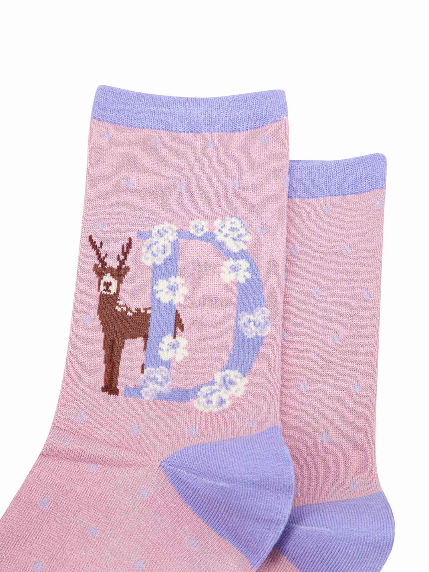 pink, lilac bamboo socks with the initial D