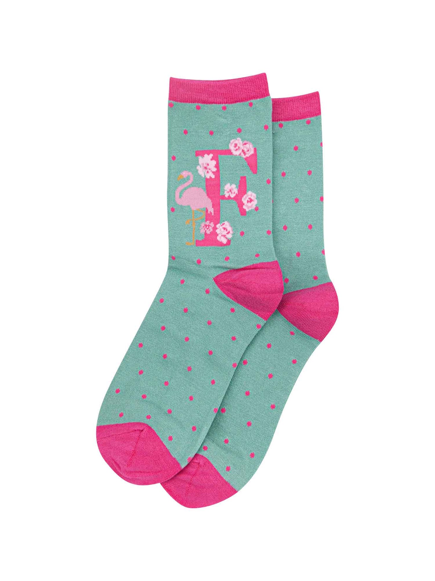 green, pink bamboo socks with the initial F