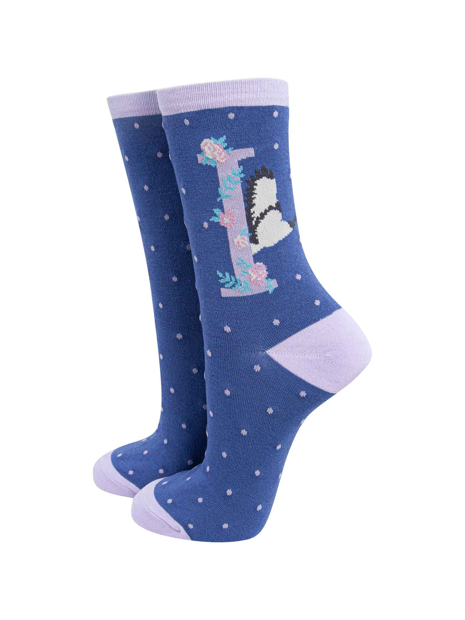 blue, lilac ankle socks with the letter I and an Ibis bird