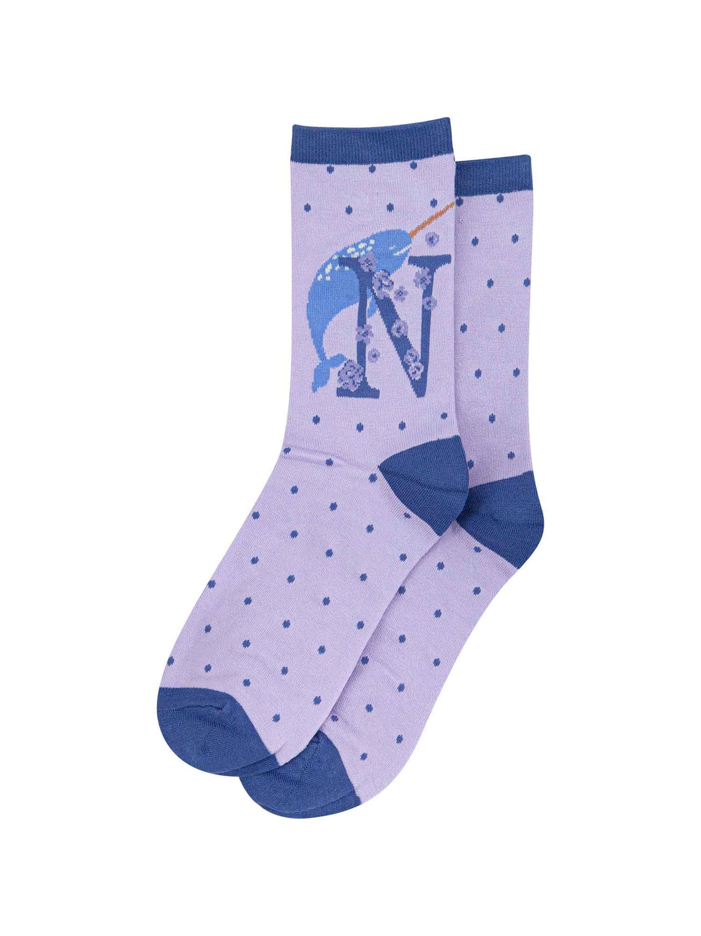 lilac bamboo socks with the initial N