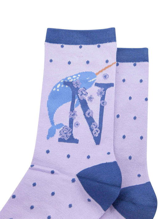 lilac bamboo socks with the initial N