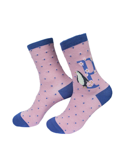 pink, blue ankle socks with the letter P and a penguin