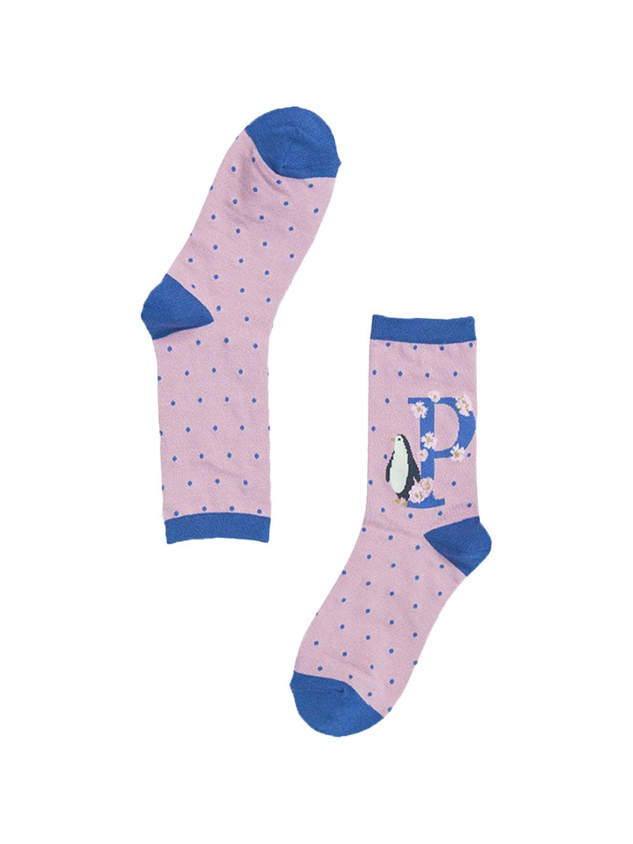 pink, blue ankle socks with the intial P