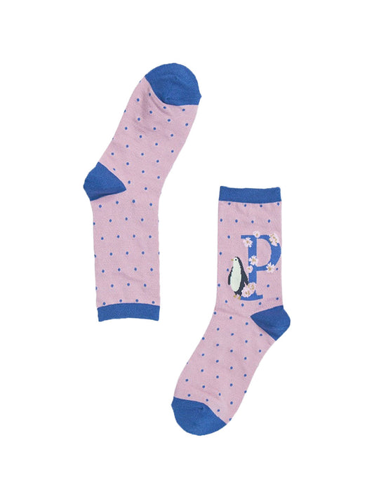 pink, blue ankle socks with the intial P