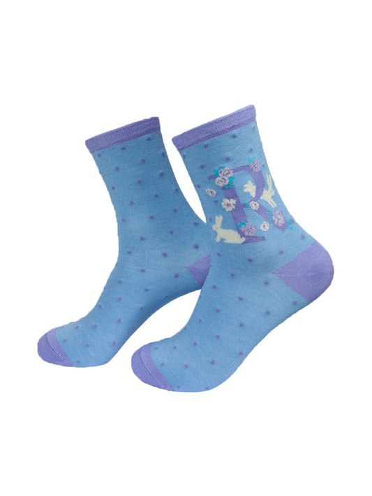 blue, lilac ankle socks with a letter R and rabbits