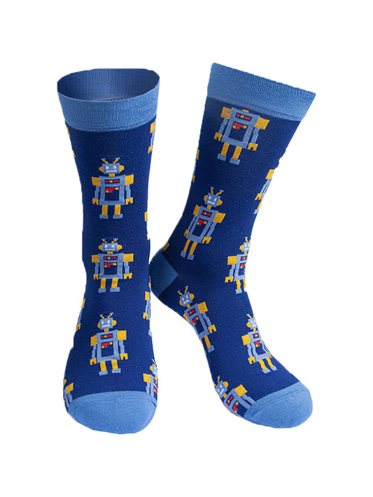 Retro Robot Bamboo Socks in Blue