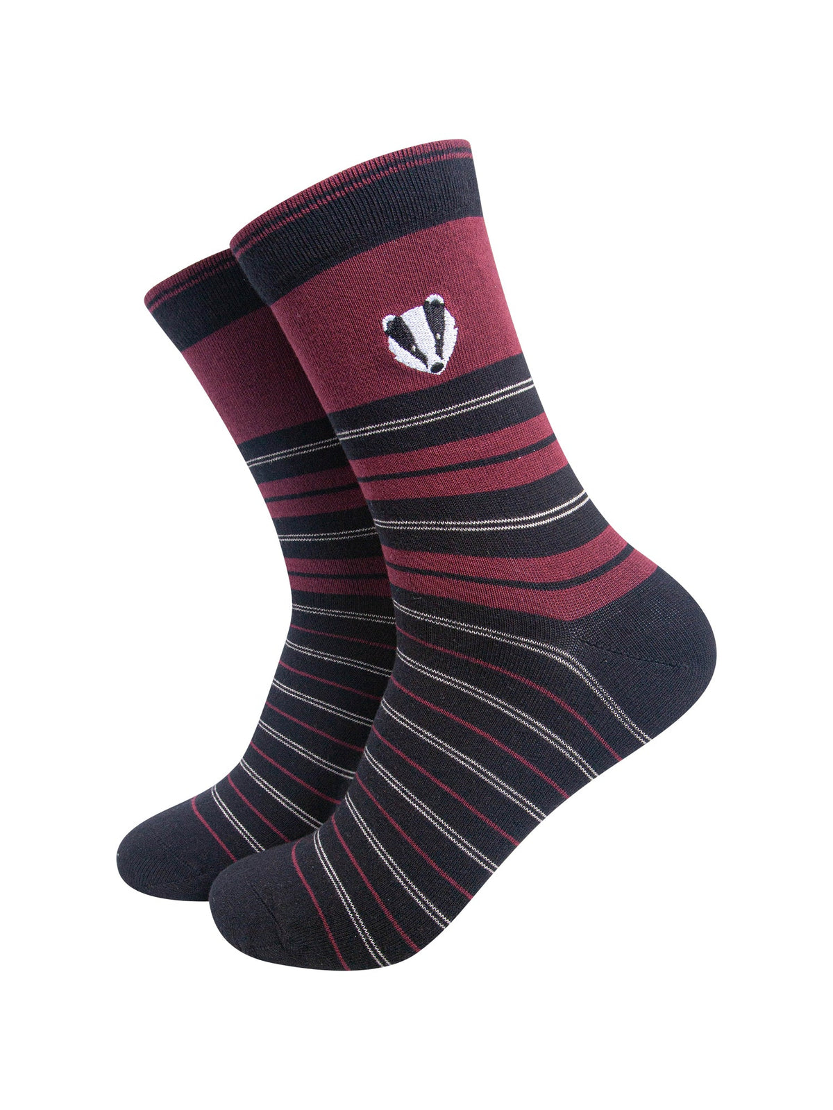 Badger-Combed-Cotton-Pattern-Embroidered-Socks-in-Burgundy-On-Mannequin