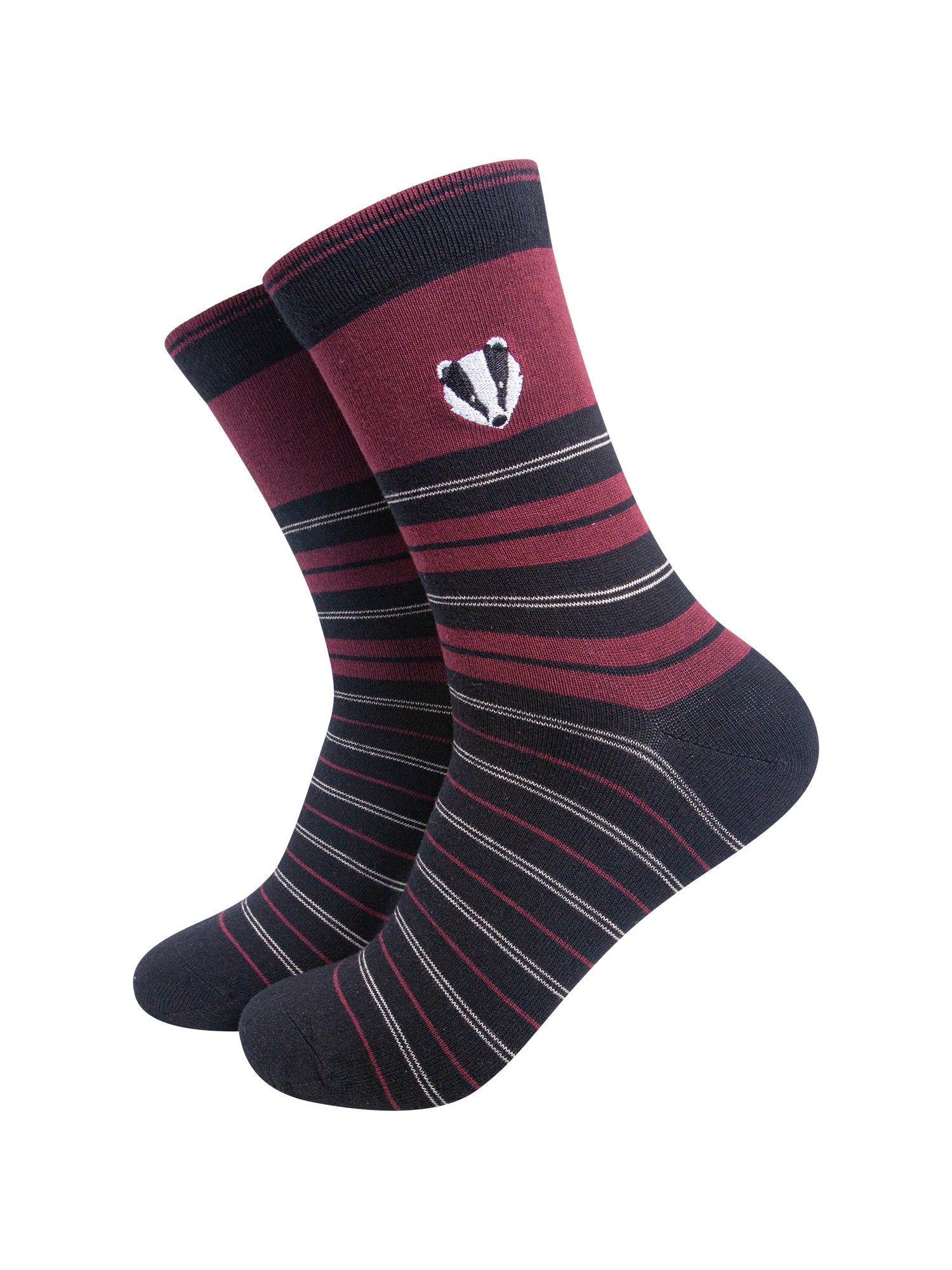 Badger-Combed-Cotton-Pattern-Embroidered-Socks-in-Burgundy-On-Mannequin