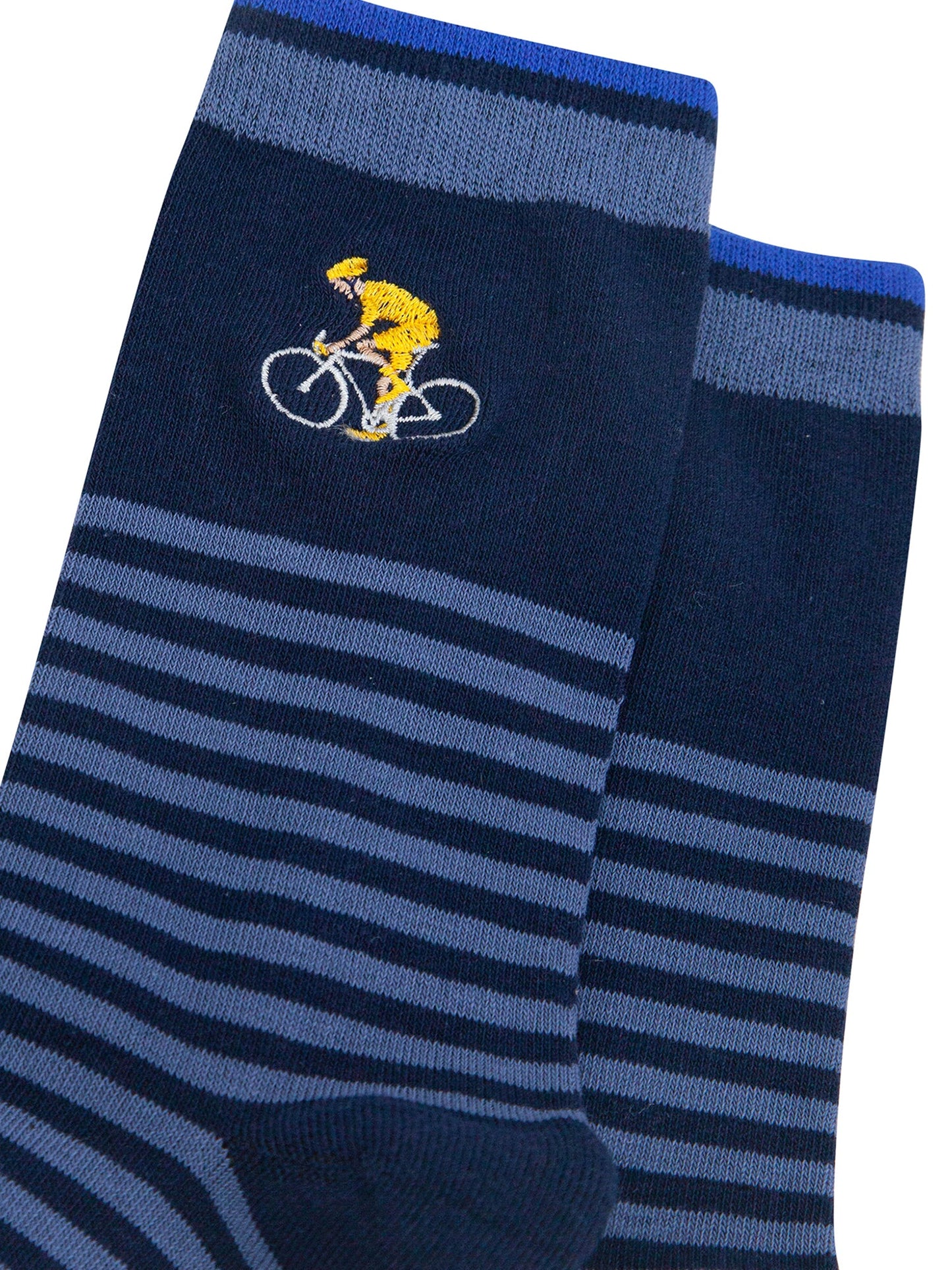 Embroidered-Cyclist-Striped-Combed-Cotton-Socks-in-Blue-Closeup