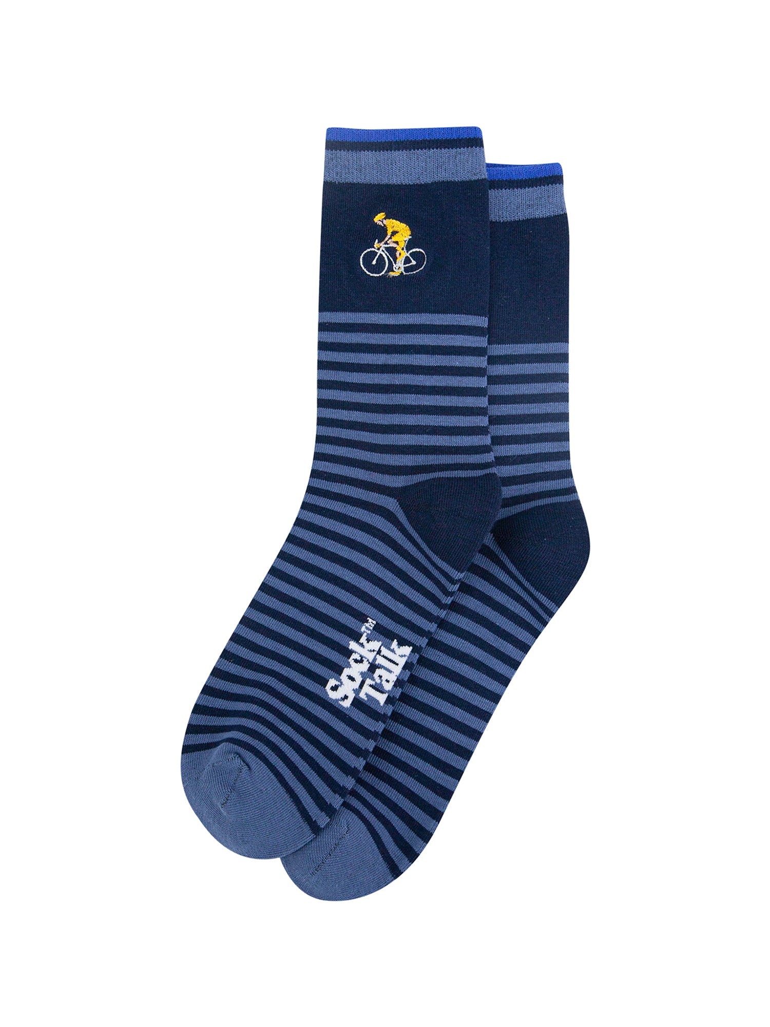 Embroidered-Cyclist-Striped-Combed-Cotton-Socks-in-Blue-Lying-Flat
