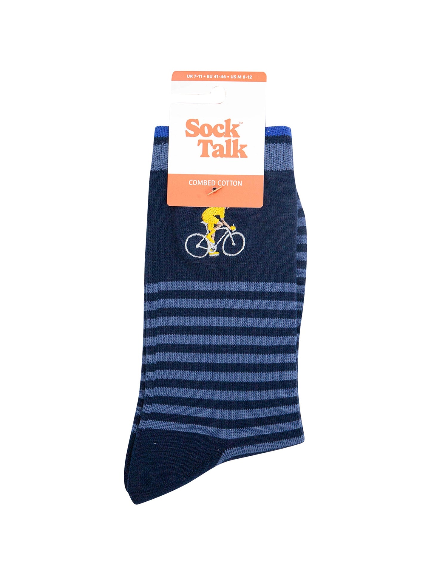 Embroidered-Cyclist-Striped-Combed-Cotton-Socks-in-Blue-In-Packaging