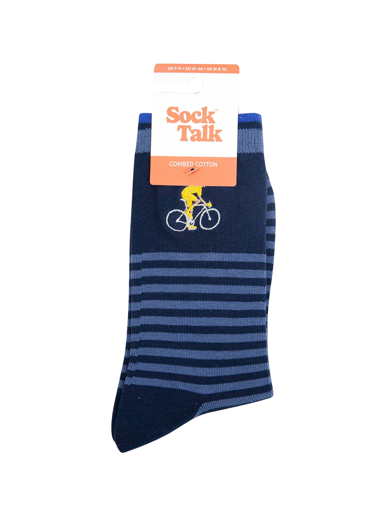 Embroidered-Cyclist-Striped-Combed-Cotton-Socks-in-Blue-In-Packaging