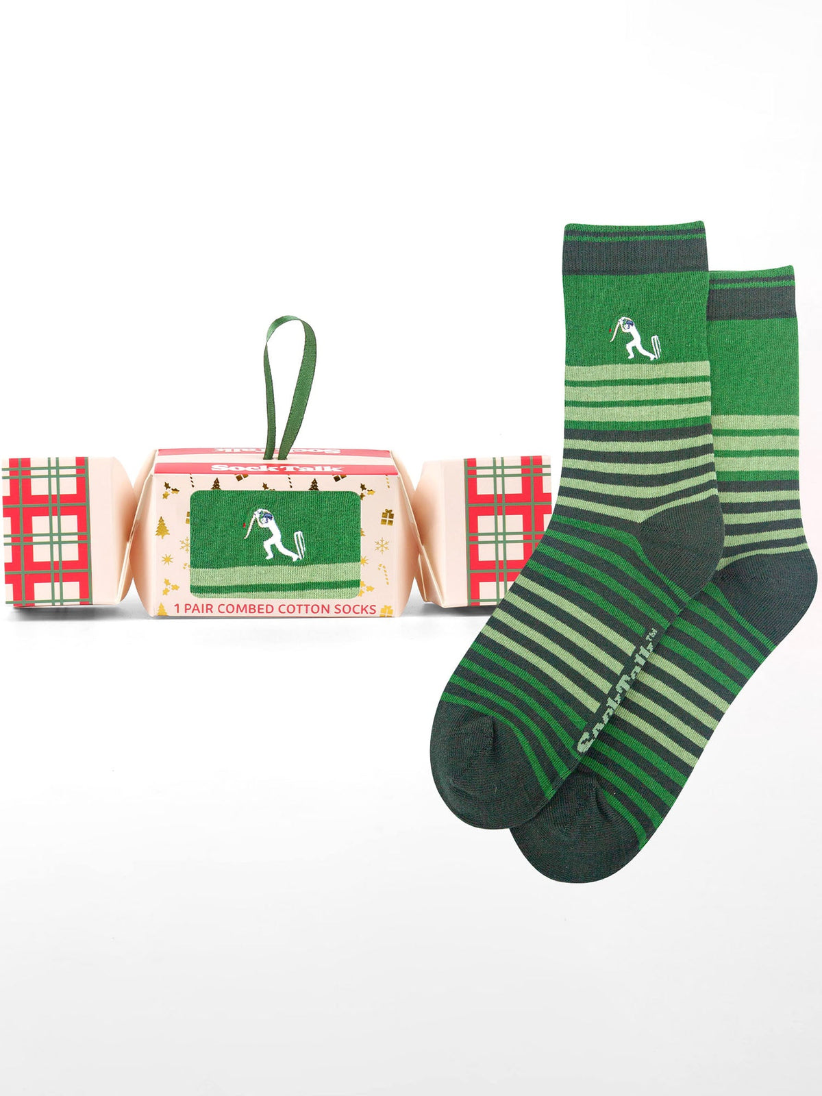 Cricket-Player-Embroidered-Combed-Cotton-Crew-Socks-Christmas-Cracker-Gift-Box-in-Green