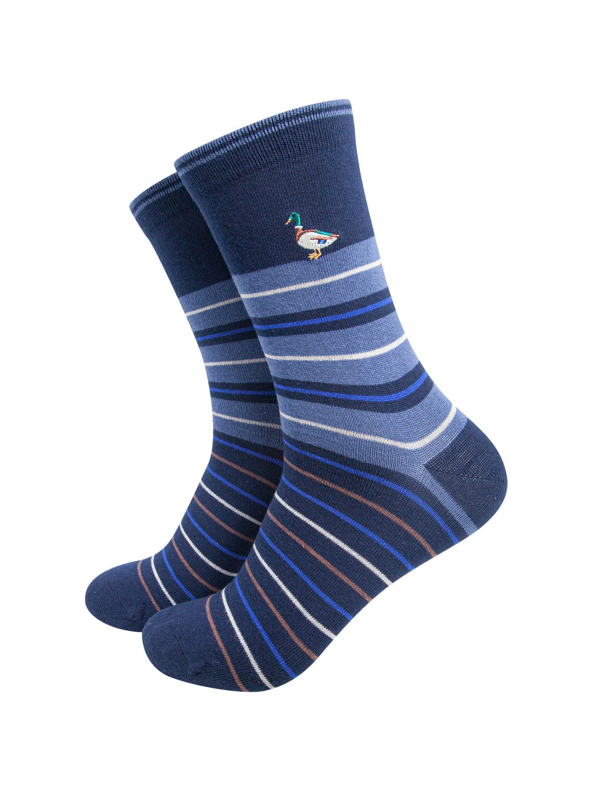 Mallard-Duck-Combed-Cotton-Pattern-Embroidered-Socks-in-Navy-Blue-On-Mannequin