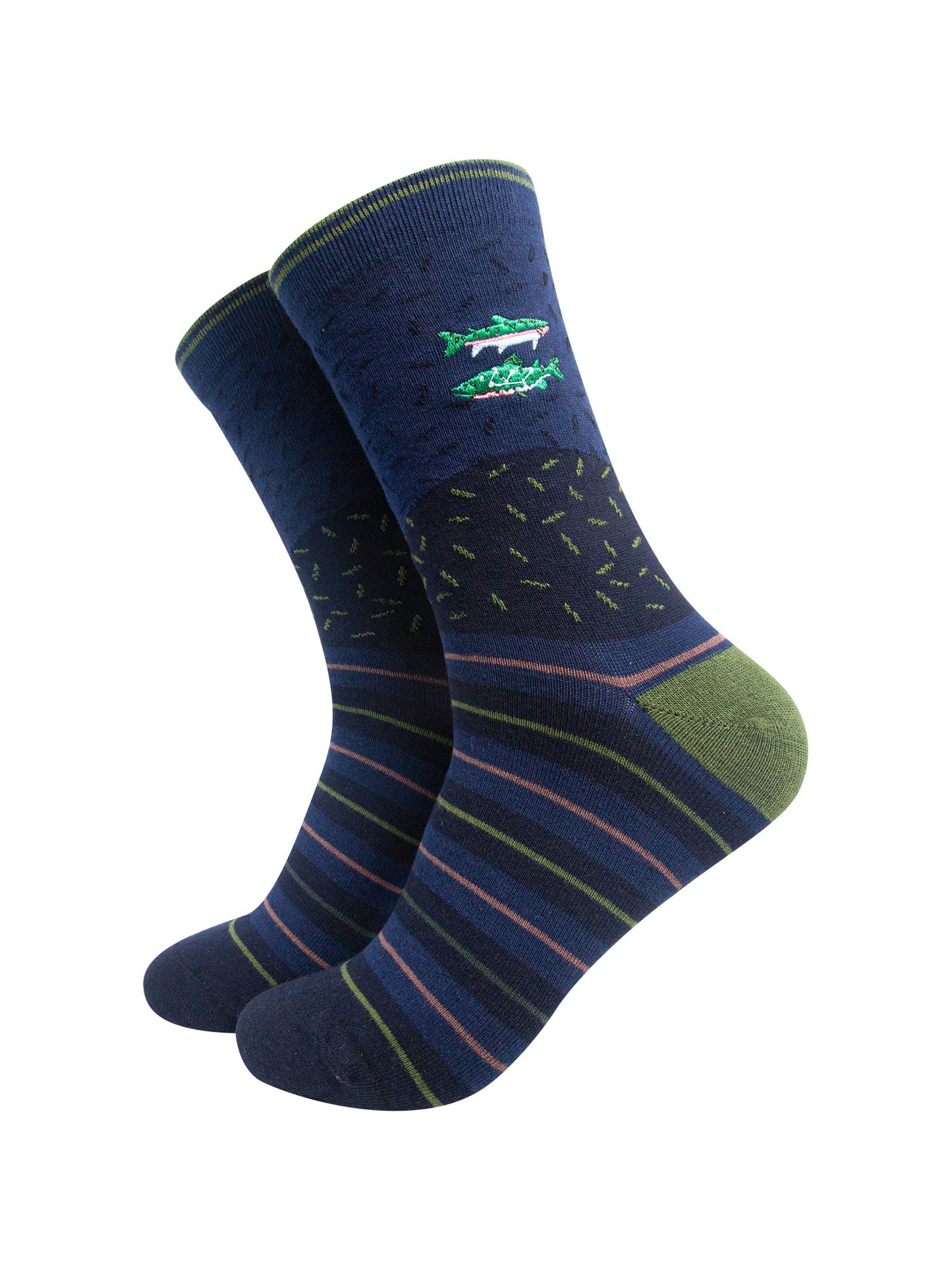 River-Fish-Combed-Cotton-Pattern-Embroidered-Socks-in-Deep-Blue-On-Mannequin