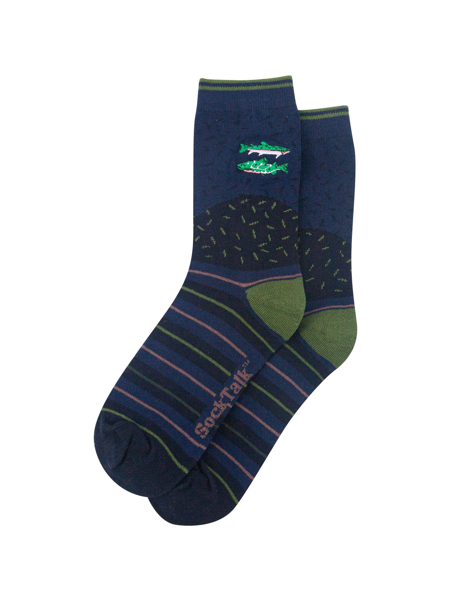 River-Fish-Combed-Cotton-Pattern-Embroidered-Socks-in-Deep-Blue-Laid-Flat