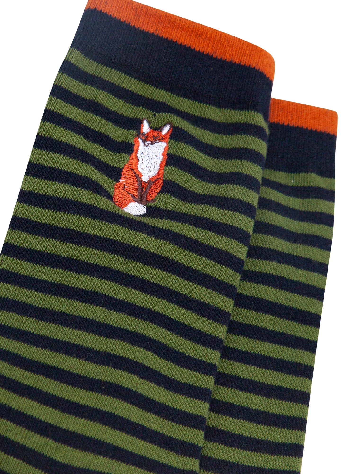 Embroidered-Fox-Striped-Combed-Cotton-Socks-in-Black/Green-Closeup