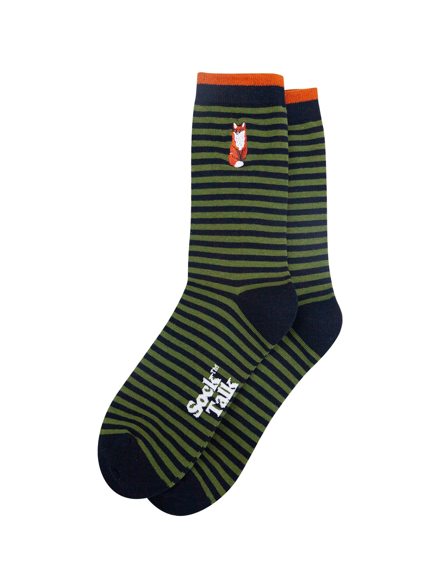 Embroidered-Fox-Striped-Combed-Cotton-Socks-in-Black/Green-Lying-Flat