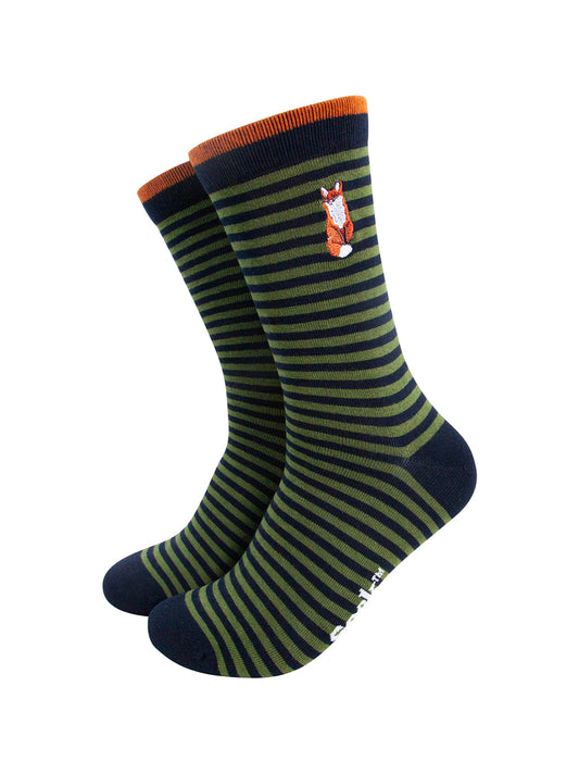 Embroidered-Fox-Striped-Combed-Cotton-Socks-in-Black/Green-Mannequin