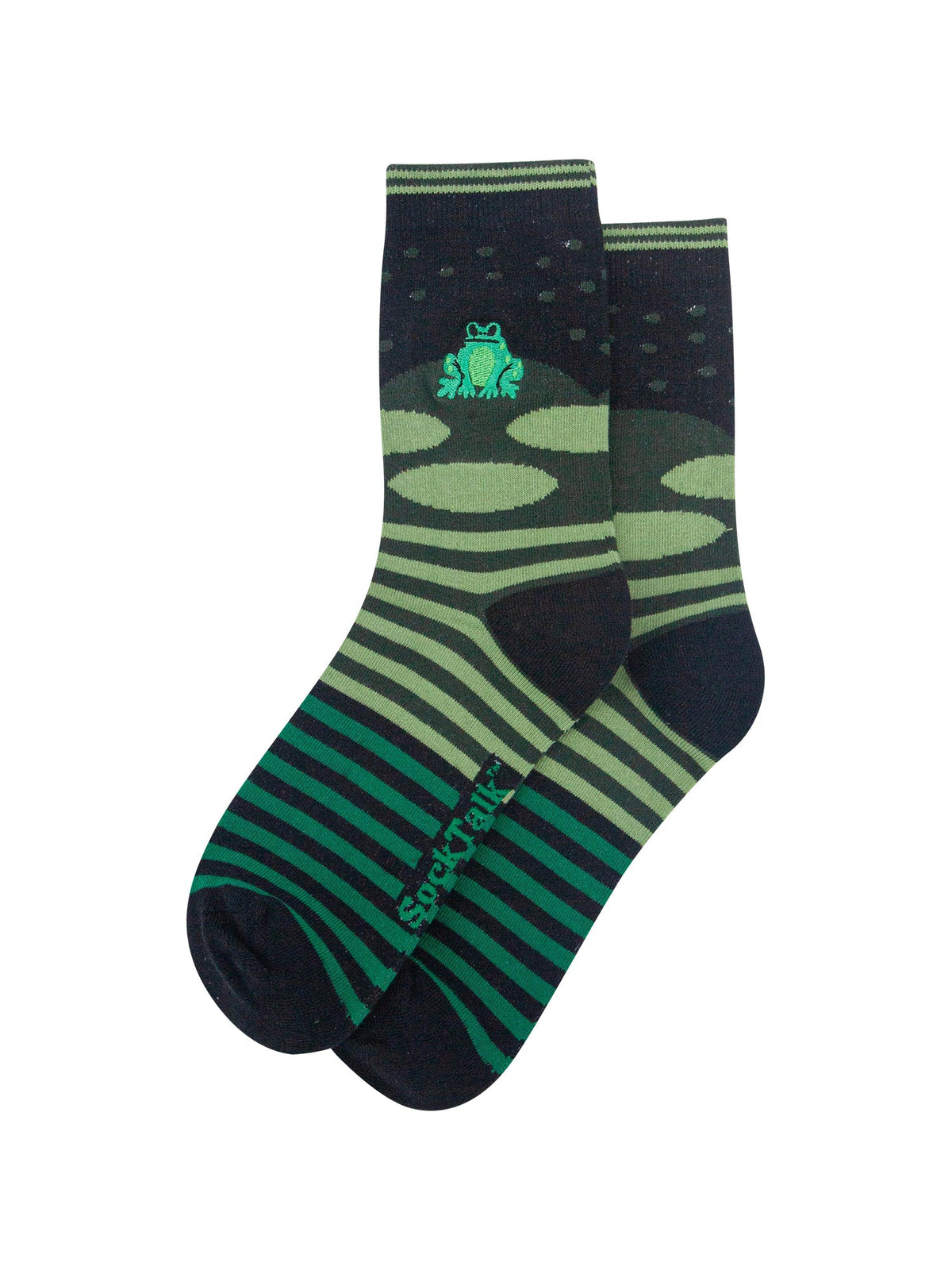 Frog-Combed-Cotton-Pattern-Embroidered-Socks-in-Black/Green-Laid-Flat
